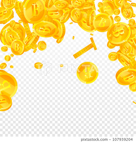 Bitcoin coins falling. Cryptocurrency scattered gold BTC coins. Internet currency. Great business success concept. Square vector illustration. Bitcoin coins falling. Cryptocurrency scattered gold BTC coins. Internet currency. Great business success concept. Square vector illustration. 107939204