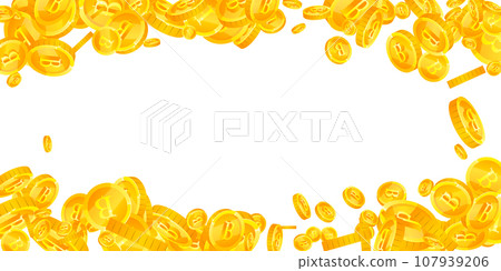 Thai baht coins falling. Gold scattered THB coins. Thailand money. Jackpot wealth or success concept. Wide vector illustration. Thai baht coins falling. Gold scattered THB coins. Thailand money. Jackpot wealth or success concept. Wide vector illustration. 107939206