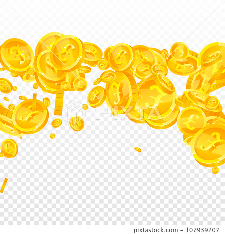 British pound coins falling. Scattered gold GBP coins. United Kingdom money. Great business success concept. Square vector illustration. British pound coins falling. Scattered gold GBP coins. United Kingdom money. Great business success concept. Square vector illustration. 107939207
