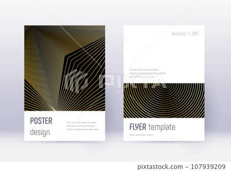 Minimalistic cover design template set. Gold abstract lines on black background. Dramatic cover design. Unusual catalog, poster, book template etc. Minimalistic cover design template set. Gold abstract lines on black background. Dramatic cover design. Unusual catalog, poster, book template etc. 107939209