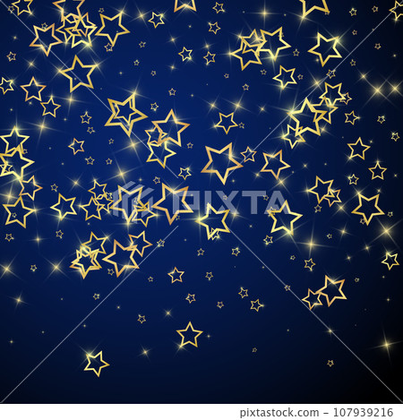 Twinkle stars scattered around randomly, flying, falling down, floating. Christmas celebration concept. Festive stars vector illustration on dark blue background. 107939216