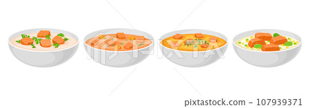 Tasty Salmon Fish Soup Dish Served in Bowl Vector Set 107939371