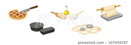 Sweet Pastry Baking Process with Utensils Vector Set 107939387