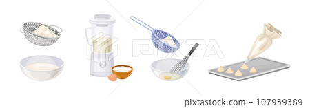 Sweet Pastry Baking Process with Utensils Vector Set 107939389