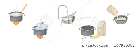Rice Cooking Process with Pot Utensil Vector Set 107939392