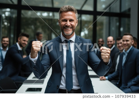 Businessman showing OK approve or like signal with thumb raise up, generative Ai 107939433