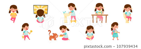 Cute Girl Character Engaged in Daily Routine and Different Activity Vector Set 107939434