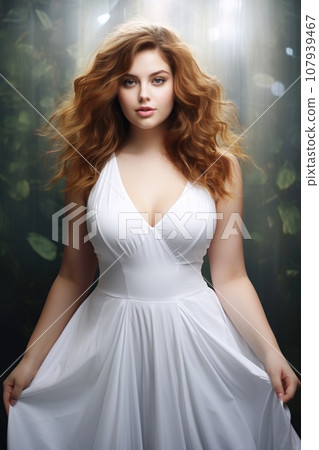Closeup portrait of a beautiful young woman in dress at studio . Generative AI 107939467