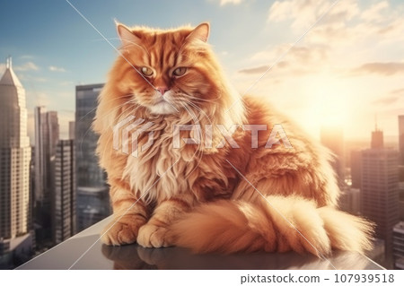 A giant cat on the top of a large building in a city. Generative AI. A giant cat on the top of a large building in a city. Generative AI. 107939518