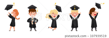 Happy Kids in Graduation Gown and Cap at Graduation Ceremony Vector Set 107939519