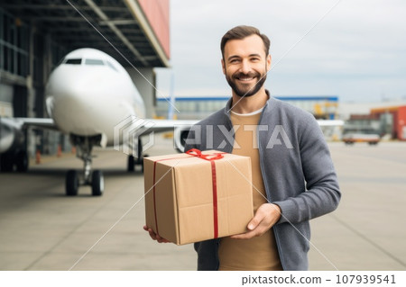 Delivery man delivering a parcel box to customer by cargo plane. Generative AI 107939541