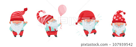 Fantastic Gnome Character with White Beard and Red Pointed Hat Vector Illustration Set 107939542