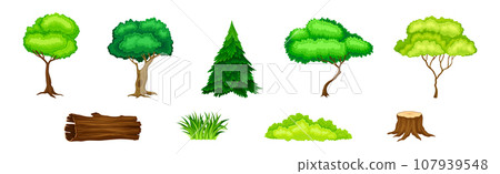Tree with Green Crown and, Log and Stump as Forest Element Vector Set 107939548