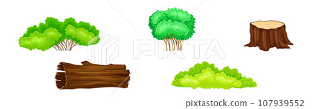Tree Stump, Log and Green Bush as Forest Element Vector Set. 107939552