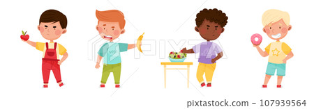 Kid Characters Showing Likes and Dislikes Towards Different Food Vector Illustration Set 107939564