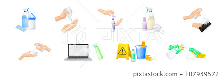 Cleaning and Disinfection Objects and Hands as Personal Hygiene and Care Vector Set 107939572