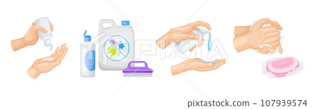 Cleaning and Disinfection Objects and Hands as Personal Hygiene and Care Vector Set Cleaning and Disinfection Objects and Hands as Personal Hygiene and Care Vector Set 107939574