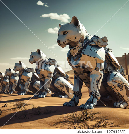An army of robot cats takes over the desert An army of robot cats takes over the desert 107939851