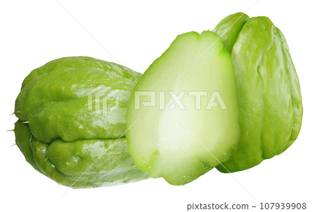 Composition of cut chayote, isolated on white background Composition of cut chayote, isolated on white background 107939908