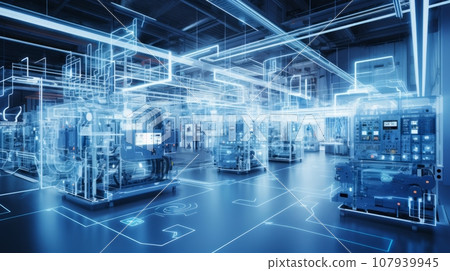 A factory floor with interconnected machines and sensors, exemplifying the implementation of IIoT in manufacturing. 107939945