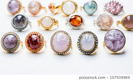 Colorful gemstone rings on white background. Different sizes, styles and shapes of rings with gold and silver bands. Great for themes of jewelry, fashion, beauty and luxury. 107939969
