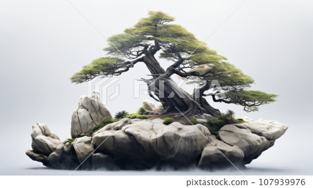 A realistic image of a bonsai tree on a rock formation The tree is a pine tree with a twisted trunk and green foliage The rock formation is gray and jagged The background is a gradient of light blue 107939976