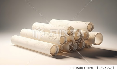 A stack of scrolls or parchments on a plain background. This image shows parchments with a floral pattern, stacked in a pyramid-like shape. The edges of the scrolls are slightly frayed. The background A stack of scrolls or parchments on a plain background. This image shows parchments with a floral pattern, stacked in a pyramid-like shape. The edges of the scrolls are slightly frayed. The background 107939981