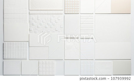 A collection of white tiles with different textures and patterns. This image shows a grid-like arrangement of white tiles of different sizes and shapes. Some tiles have a smooth surface, while others A collection of white tiles with different textures and patterns. This image shows a grid-like arrangement of white tiles of different sizes and shapes. Some tiles have a smooth surface, while others 107939992