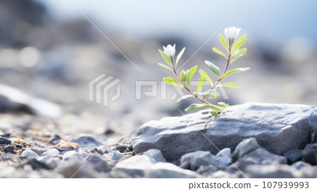 A realistic image of a small plant growing on a rock The plant has small green leaves and is growing on a gray rock The background is blurred and consists of other rocks and pebbles A realistic image of a small plant growing on a rock The plant has small green leaves and is growing on a gray rock The background is blurred and consists of other rocks and pebbles 107939993