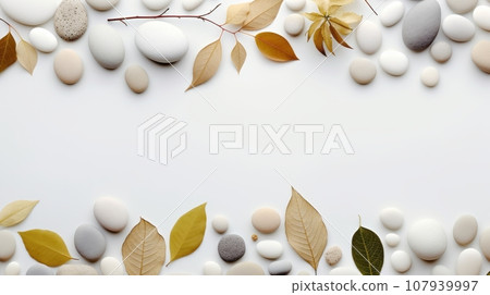 a white background with a wave of white and gray pebbles on it. The pebbles have different shapes, sizes, and textures, creating a dynamic and interesting pattern. The image also has some dried leaves a white background with a wave of white and gray pebbles on it. The pebbles have different shapes, sizes, and textures, creating a dynamic and interesting pattern. The image also has some dried leaves 107939997