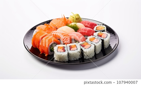 Maki Sushi Rolls with salmon, avocado, tuna and cucumber on balck plate isolated on White background Maki Sushi Rolls with salmon, avocado, tuna and cucumber on balck plate isolated on White background 107940007