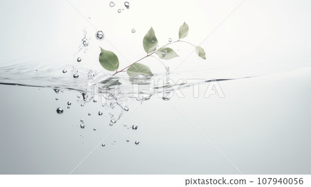 A dynamic and artistic image of a branch with leaves splashing into water. The image is in black and white that creates a dramatic and classic effect. A dynamic and artistic image of a branch with leaves splashing into water. The image is in black and white that creates a dramatic and classic effect. 107940056