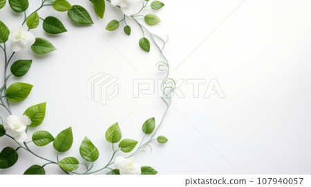 A fresh and green image of a white background with a circular frame of green leaves and white flowers. The leaves are a mix of light and dark green and have a curved and organic shape. A fresh and green image of a white background with a circular frame of green leaves and white flowers. The leaves are a mix of light and dark green and have a curved and organic shape. 107940057