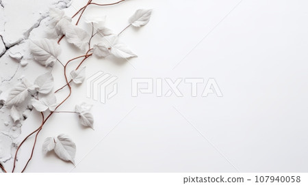 white background with a branch of white leaves and flowers on the left side. The branch has white leaves and flowers with thin brown stems, creating a delicate and graceful look. white background with a branch of white leaves and flowers on the left side. The branch has white leaves and flowers with thin brown stems, creating a delicate and graceful look. 107940058