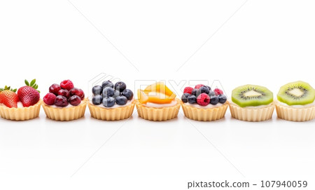 a line of fruit tarts that had just been cooked, each with a distinct fruit filling. a line of fruit tarts that had just been cooked, each with a distinct fruit filling. 107940059