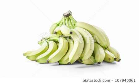 A green bananas on a white background. This image captures the natural beauty and freshness of these tropical fruits, which are not yet ripe and have a firm texture. The bananas are slightly curved A green bananas on a white background. This image captures the natural beauty and freshness of these tropical fruits, which are not yet ripe and have a firm texture. The bananas are slightly curved 107940061