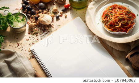 A delicious plate of spaghetti with tomato sauce on a rustic wooden table, surrounded by fresh ingredients such as garlic, parsley, black pepper, and cherry tomatoes. A jar of olive oil and a blank A delicious plate of spaghetti with tomato sauce on a rustic wooden table, surrounded by fresh ingredients such as garlic, parsley, black pepper, and cherry tomatoes. A jar of olive oil and a blank 107940062
