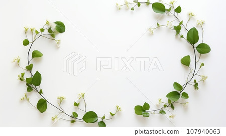 A realistic image of a wreath made of green leaves and white flowers The wreath is composed of heart-shaped leaves and small white flowers The wreath has an oval shape and a white background A realistic image of a wreath made of green leaves and white flowers The wreath is composed of heart-shaped leaves and small white flowers The wreath has an oval shape and a white background 107940063