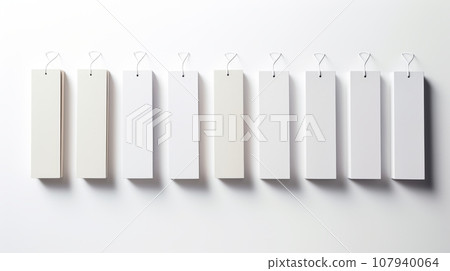 A modern and minimalist image of a row of white rectangular card hanging on a white wall. The card are of different sizes and shapes, creating a dynamic and elegant effect. A modern and minimalist image of a row of white rectangular card hanging on a white wall. The card are of different sizes and shapes, creating a dynamic and elegant effect. 107940064