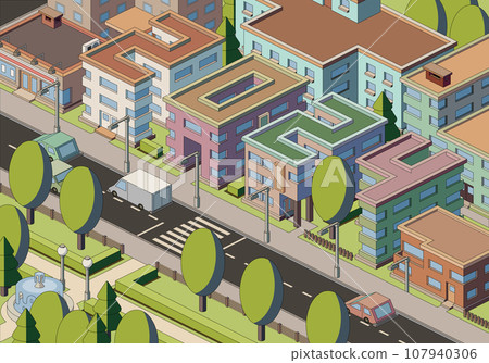 Illustration of isometric city landscape with numbers 2024 made from building roofs. Vector illustration. 107940306
