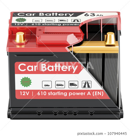 Cross section of a car battery, 3D rendering Cross section of a car battery, 3D rendering 107940445