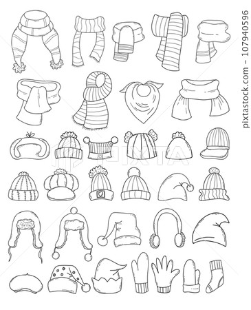 Big collection outline seasonal clothing. Scarves, neckerchief, hats and caps, elf and Santa hat, mittens and socks. Vector illustration. Isolated hand drawings doodle winter knitted accessory. 107940596