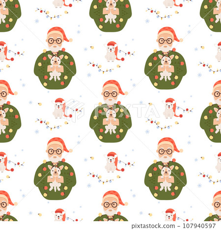 Christmas seamless pattern. Cute happy elderly man with New Year gift funny dog on white background. Vector illustration for festive design, wallpaper, packaging, textile. 107940597