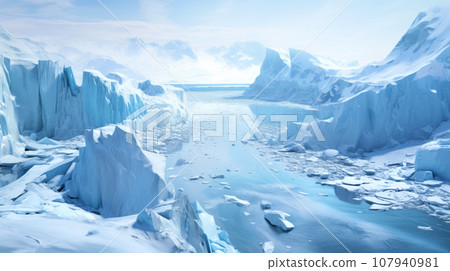 Ice and glacier in Antarctica, icebergs and frozen shores with snow cover in ocean. Antarctic landscape with clean sea water. Concept of nature, winter 107940981