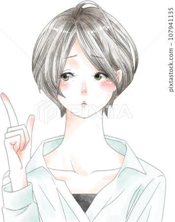 臉色困擾、短鮑伯、手勢的女人 107941135
