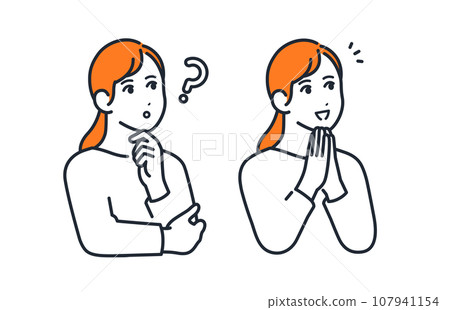 A simple vector illustration set material of a young woman with a thinking expression and a smiling and happy expression. A simple vector illustration set material of a young woman with a thinking expression and a smiling and happy expression. 107941154