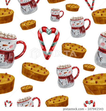 Watercolor pattern with berry pie, Christmas striped heart-shaped candy and traditional winter hot cocoa with marshmallows in a snowman mug Watercolor pattern with berry pie, Christmas striped heart-shaped candy and traditional winter hot cocoa with marshmallows in a snowman mug 107941543
