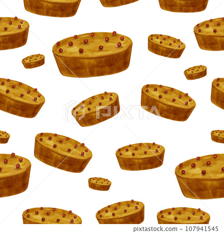 Watercolor pattern with autumn berry pie. Seamless handmade pattern with sweet pastries, flour product for pastry shop, cafe, textile Watercolor pattern with autumn berry pie. Seamless handmade pattern with sweet pastries, flour product for pastry shop, cafe, textile 107941545