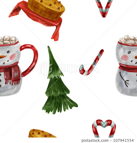 Watercolor pattern with traditional Christmas striped candies, Christmas tree, lights, pie, hot cocoa with marshmallows in a snowman mug 107941554