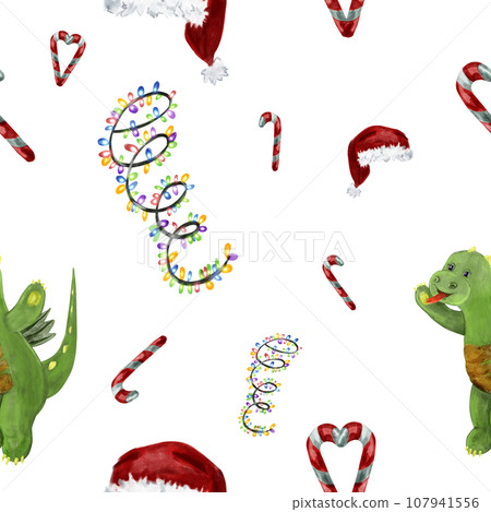 Watercolor drawing of a cartoon cute dragon with Christmas candies, lights, star, cocoa with marshmallows in a snowman mug. Symbol of 2024 107941556